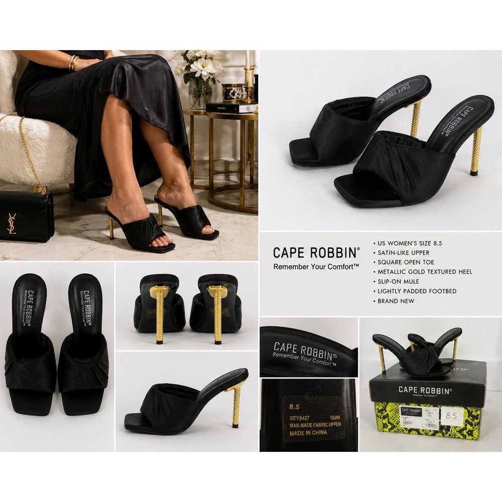 Cape Robbin Black Satin Gold Heel Mule Sandals Square Toe Glam Women's 8.5